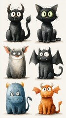 Cute cartoon monsters in playful poses showcase a whimsical art style perfect for children&rsquo;s decor