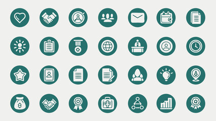 Teal Business Icon Set:  Professional, Modern, and Clean Design Featuring Achievement, Teamwork, and Global Success Symbols for Corporate Branding and Presentations.
