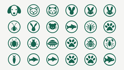 Collection of Dark Teal Pet and Insect Icons:  Circular Design Elements for Websites, Apps, and Branding Projects;  Simple, Modern, and Clean Aesthetic.
