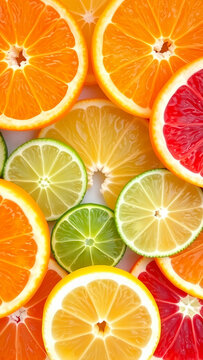 Vertical portrait wallpaper, mobile phone background,, brightly colored slices of citrus fruits, orange, lemon, lime, and grapefruit