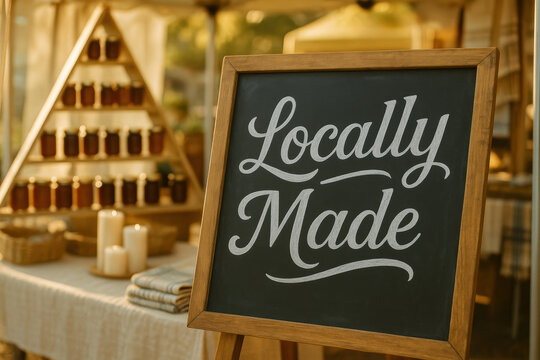 locally made products displayed at a craft market with artisanal jars, natural candles, and warm sunlight ambiance