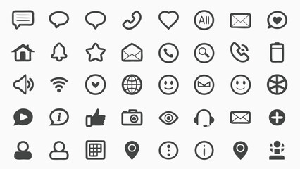 Collection of Modern Minimalist Social Media and Communication Icons;  Clean, Simple Line Art Style;  Perfect for Website Design, App Development, and User Interface Projects.