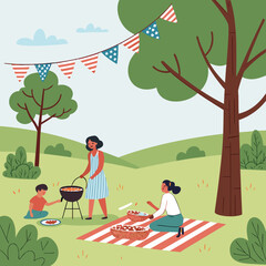 Family Picnic Celebration with American Flags, Barbecue, and Food in a Park Setting for a Festive Fourth of July Holiday Gathering