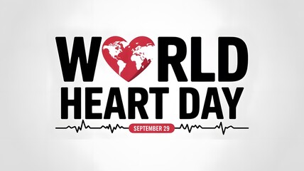 World Heart Day text with red heart and earth map and electrocardiogram globe