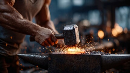 Blacksmith forging metal on an anvil, sparks flying as hammer strikes heated steel in a dimly lit workshop.