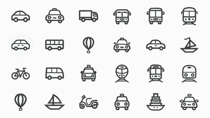 Collection of Simple Line Icons: Transportation, Vehicles, and Travel Symbols;  Modern, Clean, and Minimalist Style; Perfect for Web, App, and Graphic Design Projects.