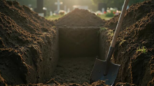 Open grave trench with shovel in evening light, moody cinematic style, concept mortality loss grief remembrance, use for memorial services awareness safety