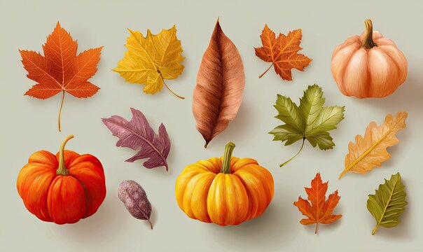 Autumnal collection of leaves and pumpkins. A digital graphic