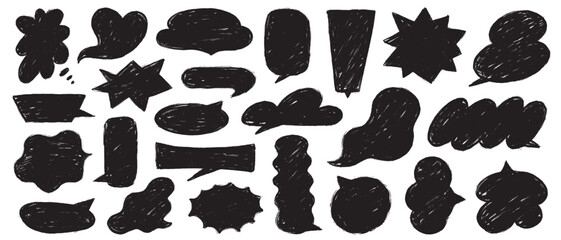 Set of Hand-Drawn Crayon Speech Bubbles. Black Sketch Comic Balloon Shapes.