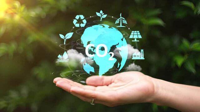 Hand Holding Earth with Renewable Energy Icons for Carbon Dioxide Reduction