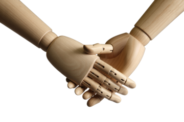 Wooden hands come together in a symbolic handshake representing partnership and unity in the creative arts