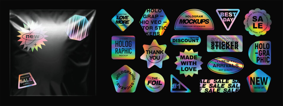 Holographic Sticker Label Pack with Colorful Foil Designs. Transparent Plastic Wrap Bag Mockup.