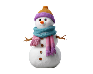 Cute snowman wearing purple hat orange beanie blue scarf pink scarf with button eyes carrot nose and stick arms cheerful winter decoration for holiday and seasonal design
