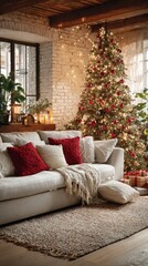 Cozy living room decorated for the holidays with a Christmas tree in a rustic setting