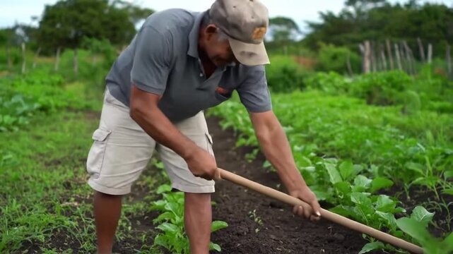 Hispanic Senior Farmer Tilling Soil with Hoe in Green Vegetable Patch During Daytime