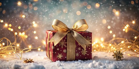 A Festive Gift Wrapped in Red and Gold, Adorned with a Luxurious Bow, Rests on a Snowy Surface Amidst Sparkling Lights.