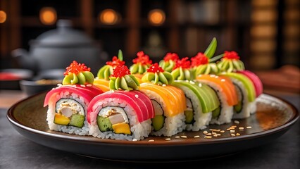Plate of beautifully decorated sushi rolls against a blurred background. Perfect for food blogs, restaurant menus, asian cuisine articles.