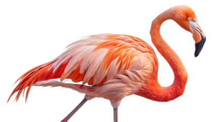 Elegant flamingo with vibrant pink and orange feathers, isolated on transparent PNG.
