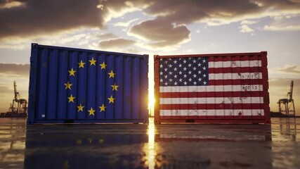 International Trade Two Shipping Containers with Union Flag and Stars Stripes - Powered by Adobe