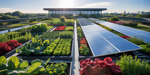 Modern rooftop garden with solar panels and sustainable urban farming under clear blue sky.
