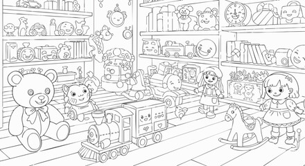 Enchanting Forest Scene Coloring Page Featuring a Treehouse, Playful Creatures, and Whimsical Elements