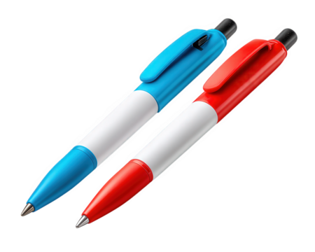 Ballpoint pen plastic pen blue pen red pen white barrel stationery office supply writing instrument cap clip realistic photo