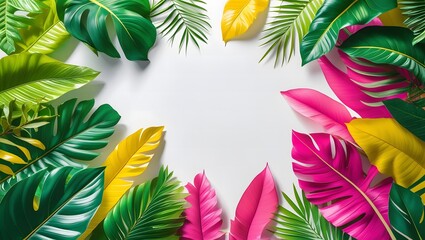 A vivid botanical arrangement featuring an array of colorful tropical leaves, creating an inviting frame around a pristine white copy space, ideal for summer promotions and nature-inspired concepts