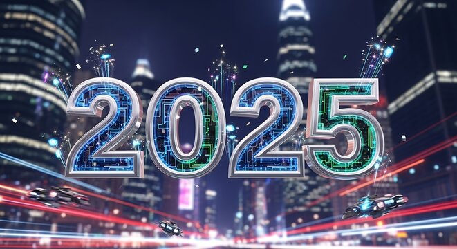 Futuristic Digital Number 2025 in City Night Scene with Bright Lights and Skyscrapers