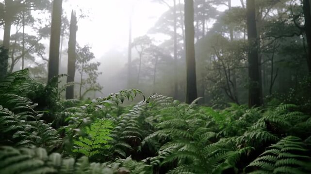 Lush Green Ferns Growing Amidst Towering Trees in a Foggy Forest