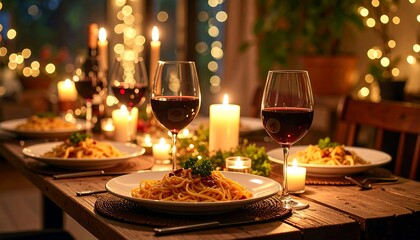 Romantic dinner scene with pasta, red wine, and candles creating an intimate ambiance