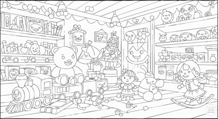 A delightful coloring page Toy store filled with various toys, perfect for creative fun