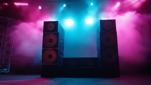 A vibrant concert scene featuring towering speaker stacks illuminated by colorful stage lights, surrounded by a foggy atmosphere, creating an energetic ambiance for a live music event