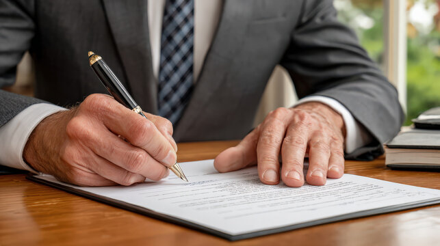 Businessman hand signing contract document with pen close up formal suit professional office environment wooden desk legal paperwork focus on signature confident expression - Powered by Adobe