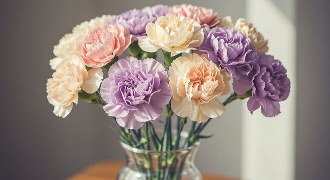 Bouquet oeillets pastel doux lumiere naturelle vase verre. AI Generated