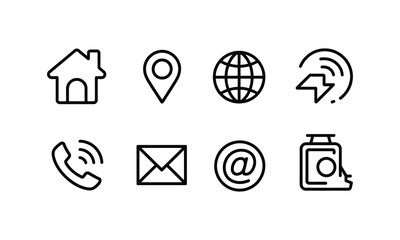 Contact and communication icon set with home map pin globe email phone and social media symbols in outline and solid style for website UI and app design