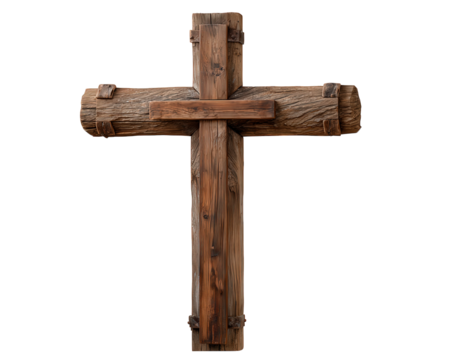Rustic wooden cross with rough texture, vintage style, isolated on transparency background, symbolizing faith, spirituality, and remembrance, evokes peaceful and solemn emotion