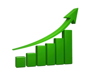 Green bar graph with upward arrow, symbolizing financial growth, success, and positive business trend, isolated on transparency background, modern and optimistic concept