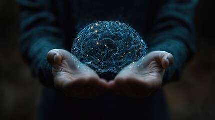 Hands Holding Holographic Digital Brain with Neural Network Design 