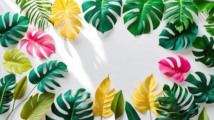 Colorful tropical leaves, including vibrant green, yellow, and pink, artistically frame a white space, perfect for summer designs and exotic botanical themes