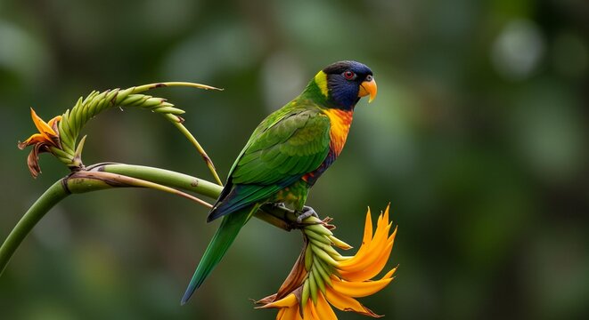 rainbow lorikeet in the jungle, yellow and green parrot, yellow billed toucan, blue and yellow parrot, lorikeet parrot tit on branch,