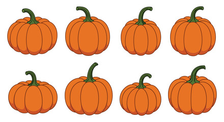 Eight orange pumpkins with green stems on a white background