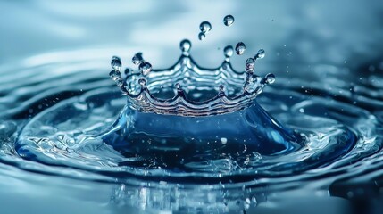 Water droplet splash captured in crystal clear blue liquid with frozen motion detail