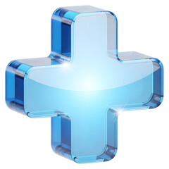 3D Render of Blue Glass Add Symbol , Transparent icon, sign element,Add more. Transparent, positive   Transparent, clear design  Transparent symbol,  glass addition