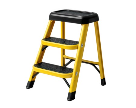 Yellow steel step ladder industrial tool two steps black non slip treads sturdy construction portable home improvement safety equipment isolated on transparency background