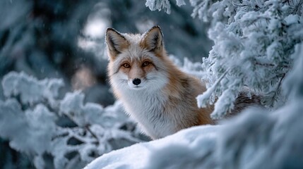 Obraz premium A red fox elegantly stands amidst snowy branches in a tranquil winter forest, captured with a serene and captivating gaze.