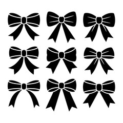 Nine black bow icons with varied ribbon tail shapes graphic