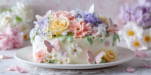 A beautifully decorated cake sits on a delicate white plate, adorned with an abundance of pastel-colored flowers and butterflies. The cake is covered in white frosting and features roses, daisies, 