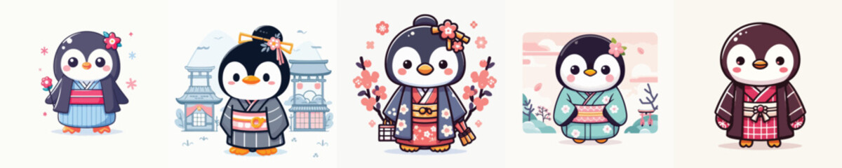 cute penguin vector in kimono costume