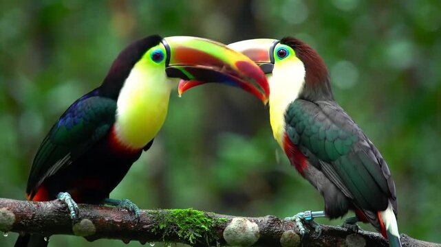 Pair of Colorful Toco Toucans Perched on Branch in Lush Green Rainforest Setting