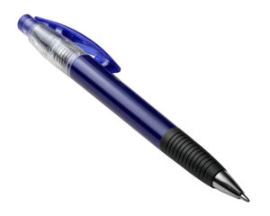 Blue gel pen photo realistic stationery plastic office supply writing instrument black grip silver tip transparent barrel clip isolated on transparency background
